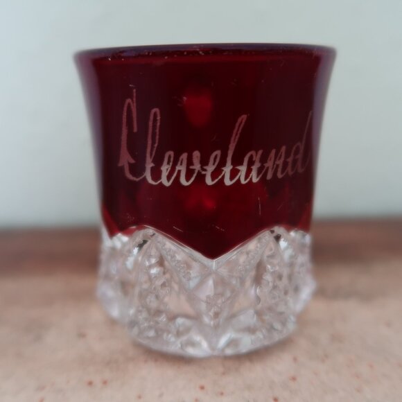 Vintage Collectible Cleveland OH Ruby Red Cut to Clear Glass Mug - Picture 3 of 8